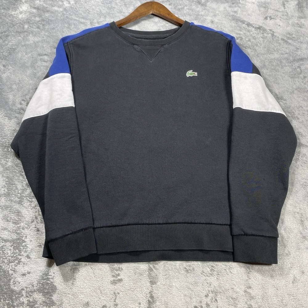 Lacoste Sweater Mens XL Black Colorblock Faded Fleece Sport Crew Neck Croc